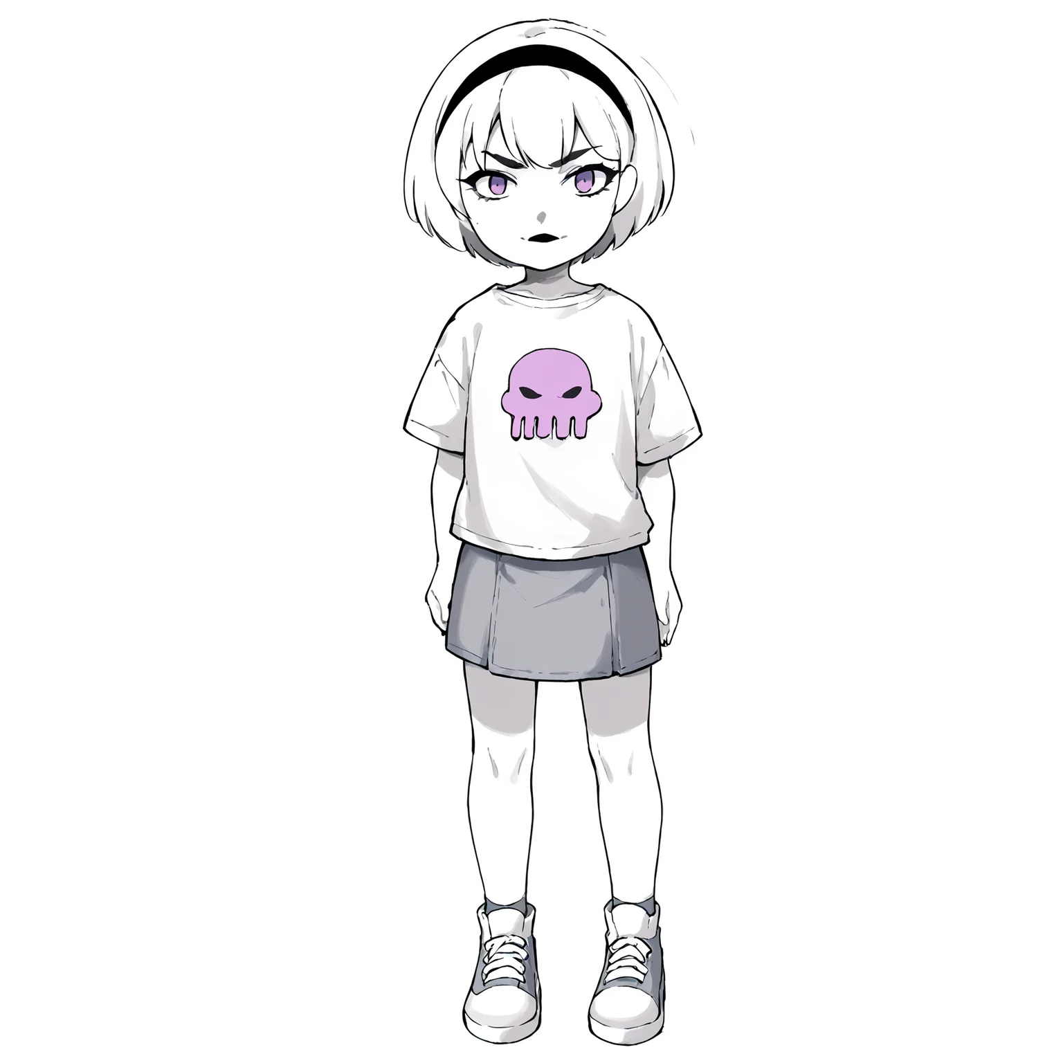 score_9, score_8_up, score_7_up, score_6_up, score_5_up, score_4_up, masterpiece, thick lines, 2d, flat colors, anime, 1girl, rolalstart <lora:Rose_Lalonde_Pony_test:1>, shirt symbol, 1girl,solo,simple background,shirt,white background,standing,monochrome,full body,greyscale,hairband,shoes,skirt, chibi, no humans,:3,style parody BREAK source_anime