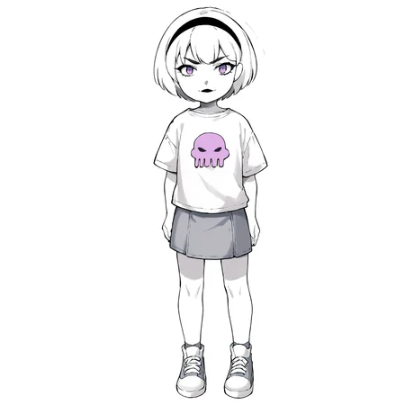 score_9, score_8_up, score_7_up, score_6_up, score_5_up, score_4_up, masterpiece, thick lines, 2d, flat colors, anime, 1girl, rolalstart <lora:Rose_Lalonde_Pony_test:1>, shirt symbol, 1girl,solo,simple background,shirt,white background,standing,monochrome,full body,greyscale,hairband,shoes,skirt, chibi, no humans,:3,style parody BREAK source_anime