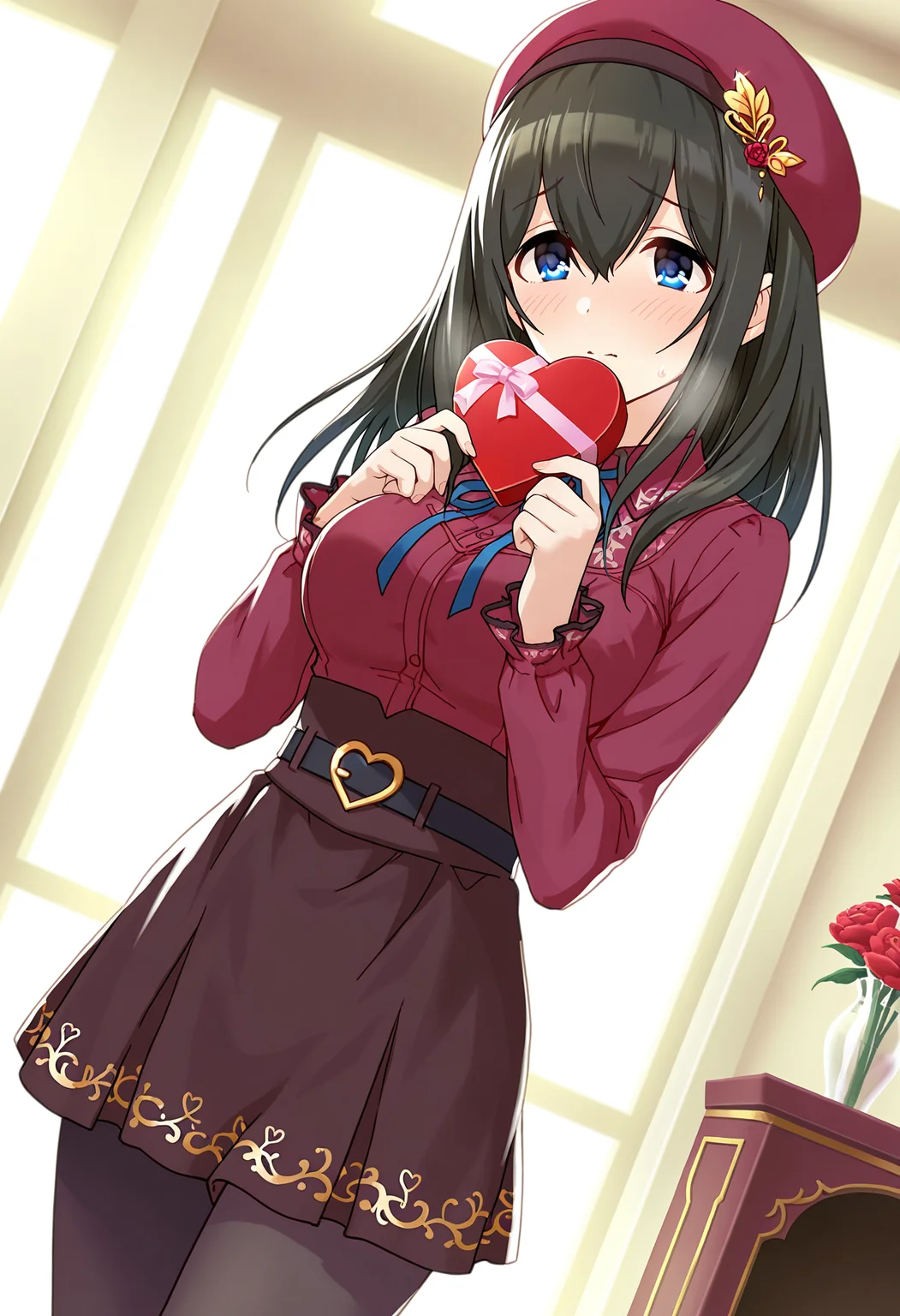 masterpiece, best quality, absurdres, highres,
idolmaster cinderella girls starlight stage, official art,
valentine,
sagisawa fumika, blue eyes, black hair, long hair, large breasts,
1girl, solo, blush, shy,
<lora:erisu barenntainn IL v1:0.6>,
red beret, hat ornament,
neck ribbon,
red collared shirt, long sleeves,
black belt,
brown skirt,
black pantyhose,
gold trim,
heart-shaped box,
indoors, red flower,
dutch angle,