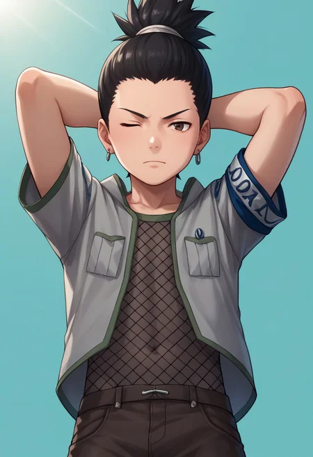 score_9, score_8_up, score_7_up, highly detailed, cute boy, 1boy, solo, young, Shikamaru_Nara, Brown Eyes, Black Hair, Ponytail, Earrings, Grey Jacket, Armband, Fishnet Shirt, Brown Pants, Arms behind head, upper body, one eye closed, from below, looking down, looking at viewer