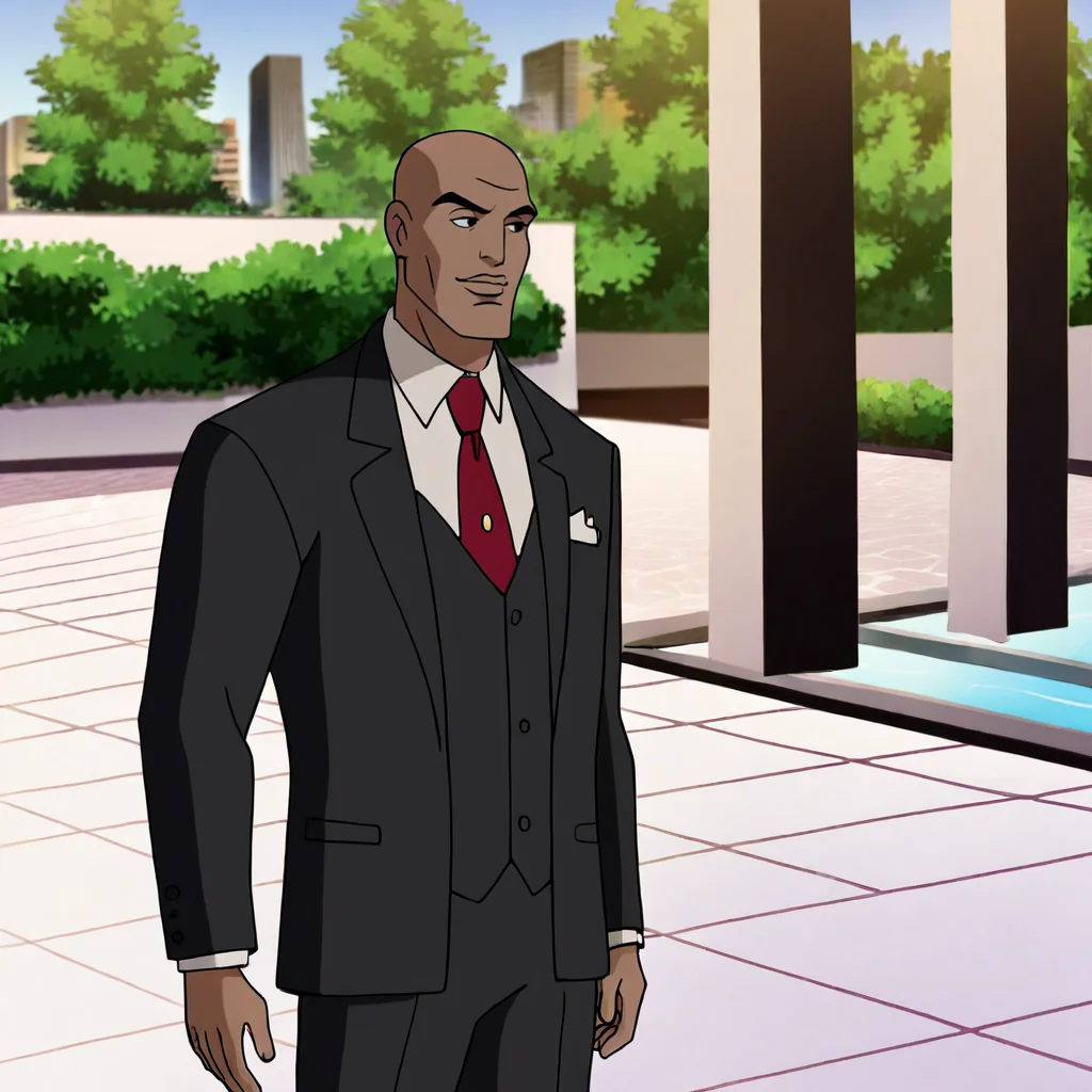 <lora:LexLuthorDCAU_pony_v1:.7>  LexLuthor, bald, red necktie, suit, formal, dark skin, white shirt, pants,  jacket,cowboy shot
