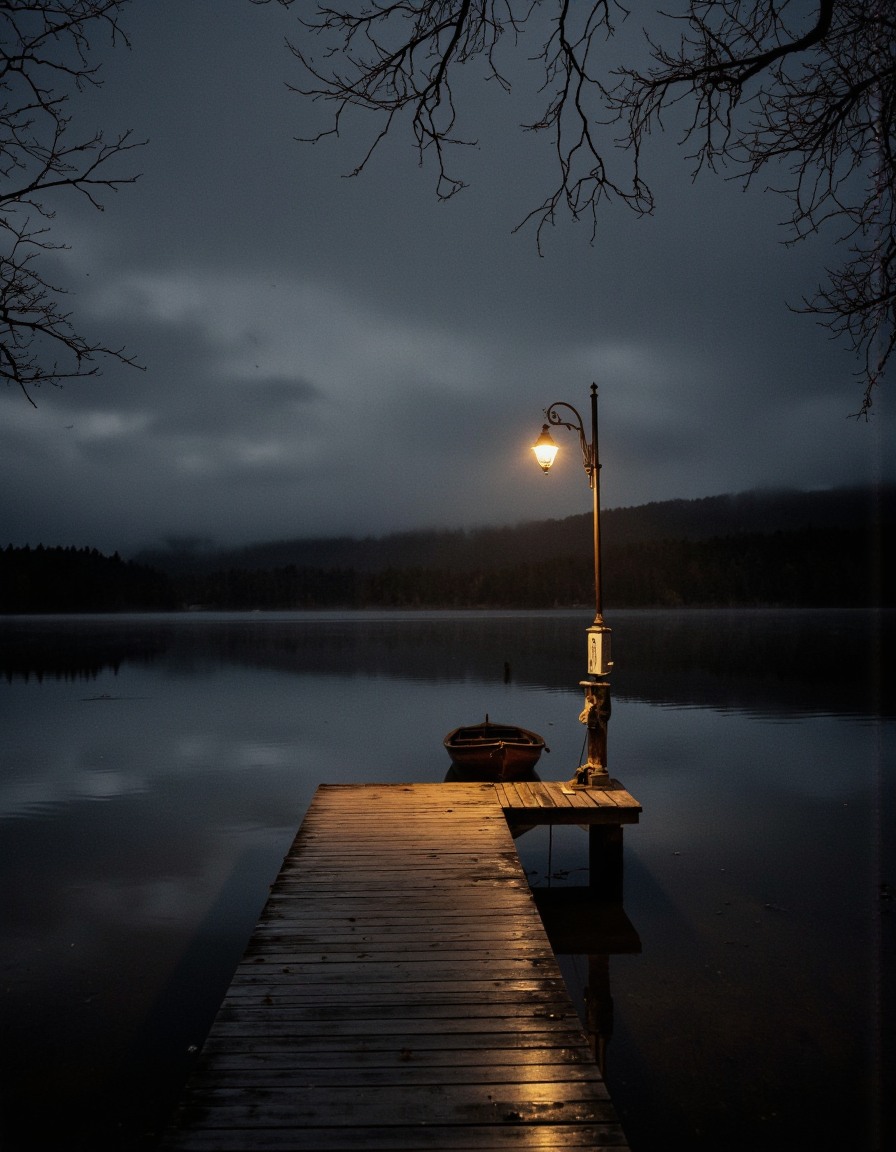 Art by Brooke Shaden. A photo-realistic shoot from the side about a wooden pier and a small wooden boat on a calm lake at night, illuminated by a streetlamp on the right side of the image. the scene is peaceful and serene, with the calm water reflecting the dark, cloudy sky and misty forest in the background. the wooden pier stretches out into the distance, with a single wooden boat docked at the end, casting a warm glow on the water's surface. on the other end of the pier, there is a tall, old-fashioned lamp post with a lantern casting a golden light, creating a serene atmosphere. the overall mood is one of tranquility and serenity. the lighting is soft and diffused, casting gentle shadows across the water and creating a sense of depth and dimensionality, making the scene feel almost lifelike.