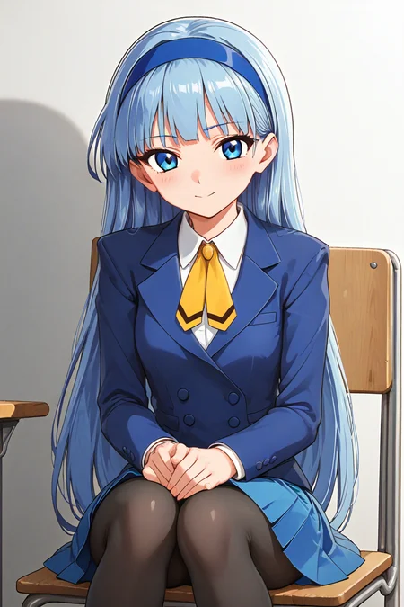 score_9,score_8_up,score_7_up,source_anime,masterpiece,best quality,highres,
BREAK 1girl,solo,cowboy shot,sitting on chair,symmetry,hands on legs,school chair,
BREAK <lora:dmd2_sdxl_4step_lora_fp16>,
BREAK <lora:MKR_UMI_SU_PONY_V2:1>,Ryuuzaki_Umi,blue hair,very long hair,blunt bangs,blue eyes,MKR_UMI_SU,blue hairband,blue blazer,white collared shirt,yellow ascot,blue pleated skirt,black_pantyhose,