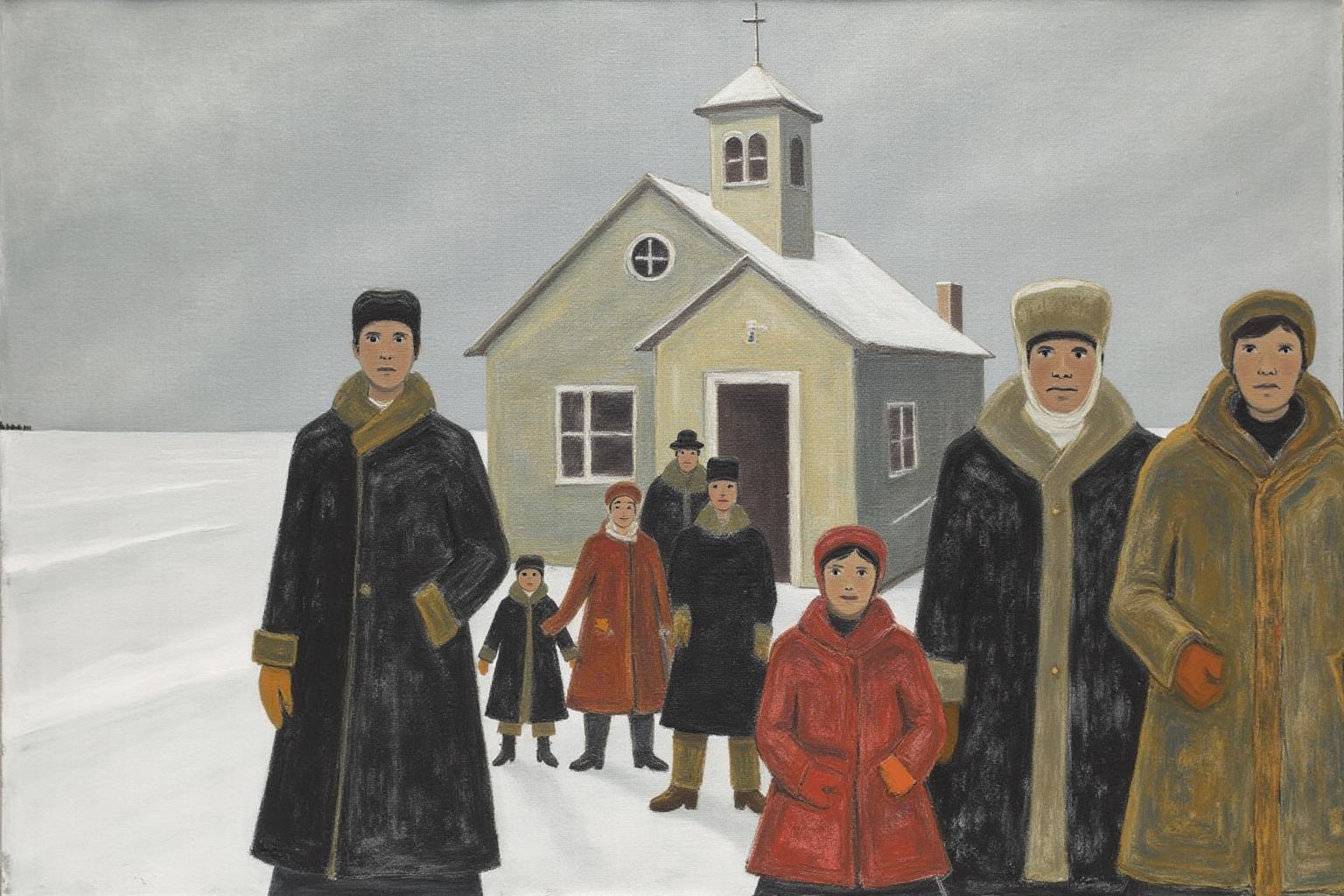 jeanpaullemieux1 painting.
A winter scene outside a small church with a white steeple and a circular window on the door. A group of people in heavy winter coats are standing before the church. <lora:jeanpaullemieux1_cap_d6a3e8:1.0><lora:841085039291863402:0>