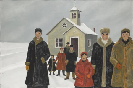jeanpaullemieux1 painting.
A winter scene outside a small church with a white steeple and a circular window on the door. A group of people in heavy winter coats are standing before the church. <lora:jeanpaullemieux1_cap_d6a3e8:1.0><lora:841085039291863402:0>