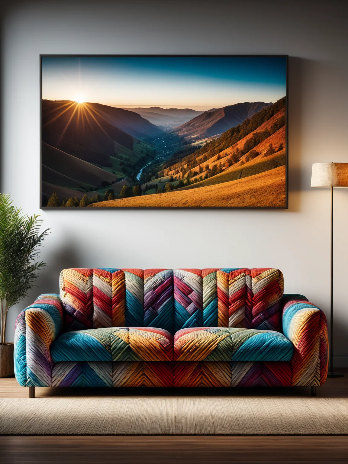 colorful madmze sofa in living room, photo of a landscape on the wall<lora:Colorful_Maze_Pattern_SDXL:1>, masterpiece, best quality, ultra high res, (photorealistic, realistic:1.2), deep shadow, raw photo, film grain, Fujifilm XT3, 8k uhd, dslr