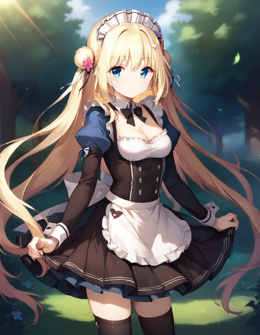 score_9,score_8_up,score_7_up,score_6_up BREAK official art,solo,outdoors,smile,cowboy shot,looking at viewer,facing viewer,Komari Yui,maid headdress,blonde hair,very long hair,double bun,hair flower,hair ornament,frills,sidelocks,bangs,blue eyes,maid,black bow,puffy detached sleeves,long sleeves,cleavage,small breasts,skirt,zettai ryouiki,black thighhighs,loafers,<lora:Komari Yui(ksak)-Pony:1.2>,<lora:Smooth Anime Style LoRA XL:0.8>,
