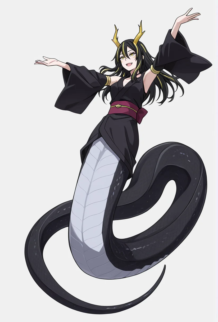 Smooth Quality,masterpiece,very intricate, high quality details, ultra realistic, high detailed skin,detailed enviorement,absurdres,
simple background, white background,
jumping, arms open, legs bent, smiling, midair, ,tears,ohikaenasutte,
<lora:Albiscnn:0.8>albiscnn,1girl, albislamiacnn,lamia, monster girl, horns, slit pupils, facial mark,black hair, streaked hair,
japanese clothes,kimono, sash,
detached sleeves,