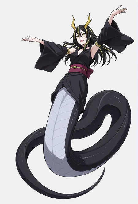 Smooth Quality,masterpiece,very intricate, high quality details, ultra realistic, high detailed skin,detailed enviorement,absurdres,
simple background, white background,
jumping, arms open, legs bent, smiling, midair, ,tears,ohikaenasutte,
<lora:Albiscnn:0.8>albiscnn,1girl, albislamiacnn,lamia, monster girl, horns, slit pupils, facial mark,black hair, streaked hair,
japanese clothes,kimono, sash,
detached sleeves,
