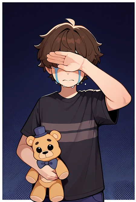 <lora:cryingchil-10:1> cryingchil, short hair, brown hair, black shirt, 1boy, short sleeves, striped shirt, navy blue shorts, crying, tears, blue tears,, stuffed bear toy, dark blue background, adult, covering eyes, masterpiece, best quality, amazing quality, very aesthetic, absurdres, newest,, upper body, halftone effect, white borders, abstract background:1.2,