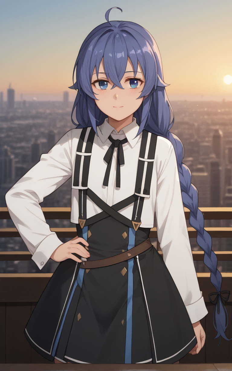 score_9, score_8_up, score_7_up, BREAK
Shirt_RoxyMigurdia_ownwaifu, 
1girl, blue eyes, blue hair, roxy migurdia, hair between eyes, braid, long hair, twin braids, crossed bangs, bangs, long sleeves, white shirt, collared shirt, dress, white capelet, white dress, capelet, shirt, black ribbon, black skirt, suspenders, long braid, neck ribbon, sidelocks,
(contrapposto, hand on hip), sunset, sidelighting, cityscape, vanishing point, outdoors, <lora:PONYXL_MushokuTensei_RoxyMigurdia_ownwaifu:1> , depth of field, solo,