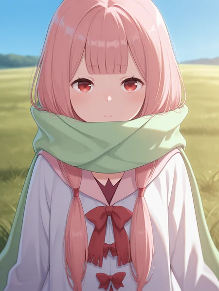 <lora:Carmilla Illu:1>1girl, solo,
carm1lla, pink hair, red eyes, long hair, low twintails, blunt bangs, fringe trim
c4rmdef, long green scarf, white coat, red dress, dress under coat, long sleeves, red bows,
standing, upper body,
outdoors, grass, blue sky, depth of field,
straight-on,, masterpiece, best quality, amazing quality