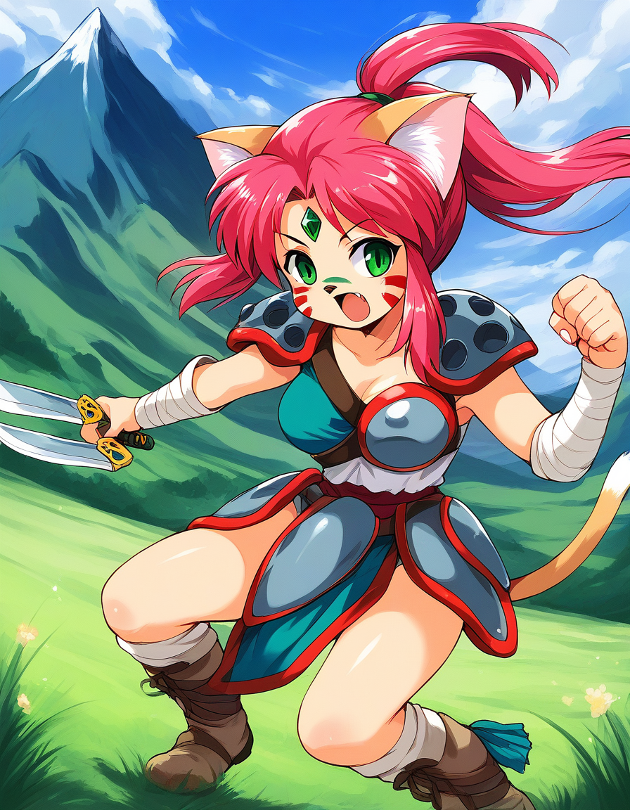 score_9, score_8_up, score_7_up, source_anime, rating_explicit, BREAK  <lora:Ryuquir_XL:1> Ryuquir, animal ears, tail, cat ears, facial mark, cat tail, green eyes, ponytail, red hair, long hair, pink hair, cat girl, breasts, forehead jewel, green jewel,
mountain, sky, fight, fighting pause, open mouth,ãnose tape,
 shoulder armor, solo, weapon, armor,  furry,  grass, dagger, boots, looking at viewer, outdoors, fingernails,  shoulder pads,