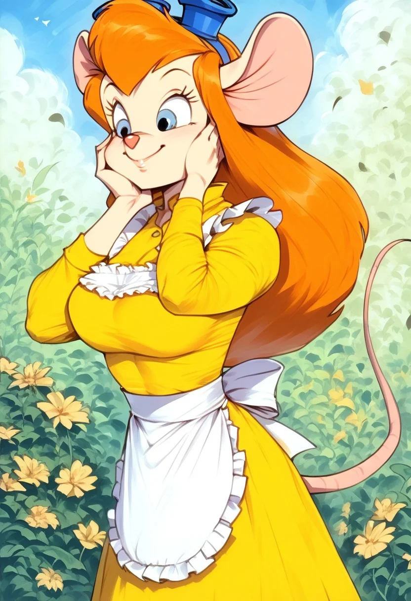 score_9, score_8_up, score_7_up,
, masterpiece, beautiful,
1girl, solo, gadget, mouse tail, ginger hair, long sleeves, dress, apron, white apron, yellow dress, large breast, one hand on cheek, happy, smile, closed mouth, <lora:Art_Style_of_Pandoras_Box:1> as_pbx, graphite_(medium), traditional_media,