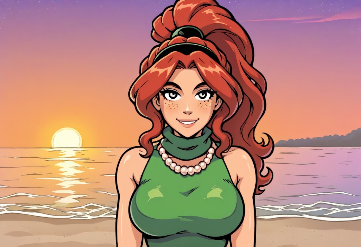 1girl, solo, 
red hair, freckles, long hair, black hairband, ponytail,
green sleeveless turtleneck sheath dress, pearl necklace,
looking at the viewer, smiling, 
busty, visible hard pokies,
at a public beach promenade,
evening, sunset, lit lanterns, stars at the sky,
wide shot,
8k,akabursty1e, highly detailed,
uncensored