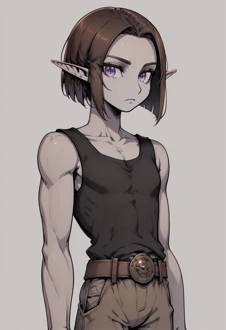 Lapanya, 1 person, solo, pointy ears, ((snout nose)), flat chest, olive-tone skin, tall, square jaw, violet irises, dark brown hair, athletic build, black sleeveless tunic, brown breeches, belt, ((straight bob haircut parted in the middle, bare forehead, smooth cavern background,  
Lineart, clean lines, up close, upper body focus, highly detailed face, high quality, best quality,  score: 9, score: 8 up, rating: safe