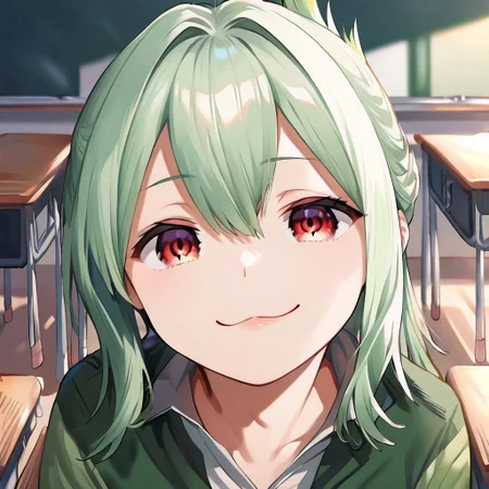 Solo, 1boy, male, slender body, cute face, green hair, medium hair, bangs, hair between eyes, folded ponytail, hair intakes, red eyes, detailed eyes, perfect anatomy, detailed skin, detailed eyes, perfect hands, perfect face, BREAK jacket, green jacket, long sleeves, sleeves past wrists, black thighhighs, black shorts, smalls shorts, white shoes, closed jacket, BREAK seated above desk, school classroom, day, colorful, smug face, ((focus face, close-up)), BREAK ((ultra-detailed)), ((best quality)), ((best quality)), ((beautiful eyes)), ((extremely detailed)), 4K, (8K), best quality, (beautiful), Master piece, highres, score_9, score_8_up, score_7_up, score_6_up, score_5_up, score_4_up, colorful, best quality, official art, highres, masterpiece, nai3, god light, detailed background, high quality background,