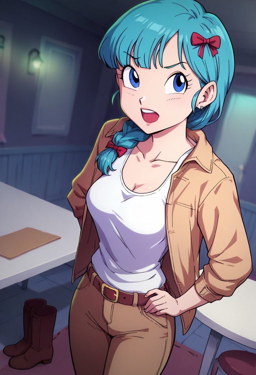score_9,score_8_up,score_7_up,score_6_up,blurry, blurry background,bulma \(dragonball\), 1girl,bulma,bulma from dragon ball, solo, long hair, open mouth, blue eyes, ribbon, aqua hair, hair ribbon, braid, boots, belt, pants, single braid, tank top, braided ponytail, white topwear, brown pants, brown footwear, jacket removed, girl standing,table, chair, raised eyebrows, looking at viewer, medium breasts, collarbone, eyebrows, eyelashes, arms by side,cowboy shot, dutch angle