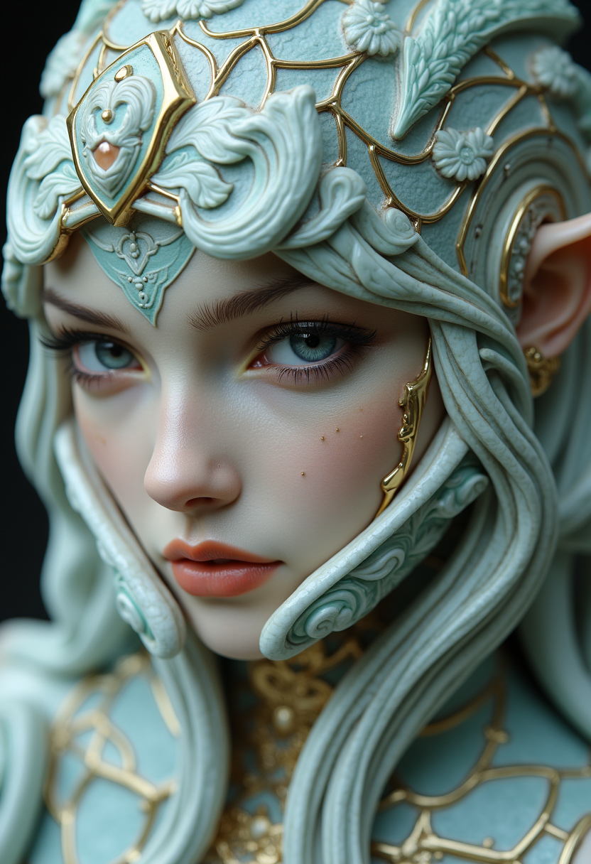 A masterpiece of elf idol girl style created by the collaboration of Hajime Sorayama and Francisco de Goya.        The main objects are sliced at intervals along a diagonal, with each interval featuring a different material: the first material is jade, and the second is ceramic; the remaining materials are those that the main object would originally have.    HD32K, hyperdetailed, best quality, aidmaMJ6.1.
