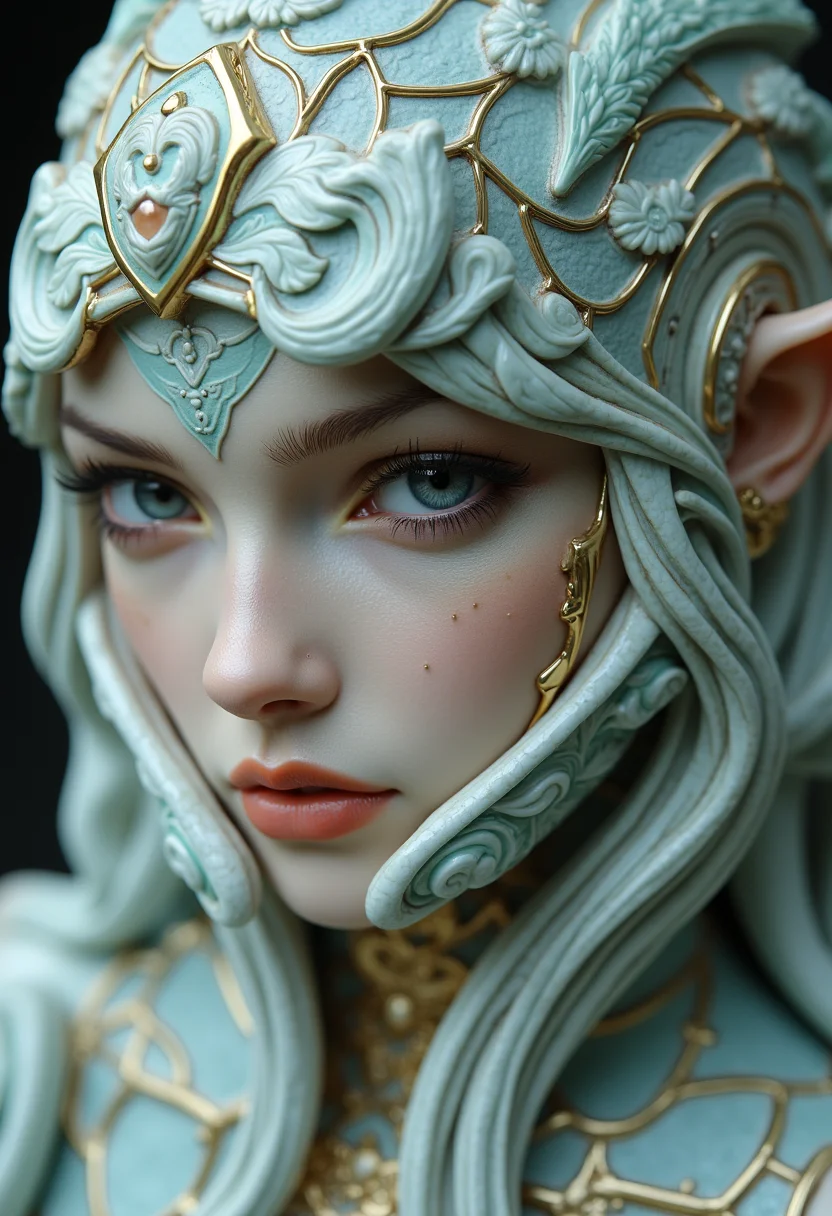 A masterpiece of elf idol girl style created by the collaboration of Hajime Sorayama and Francisco de Goya. The main objects are sliced at intervals along a diagonal, with each interval featuring a different material: the first material is jade, and the second is ceramic; the remaining materials are those that the main object would originally have. HD32K, hyperdetailed, best quality, aidmaMJ6.1.