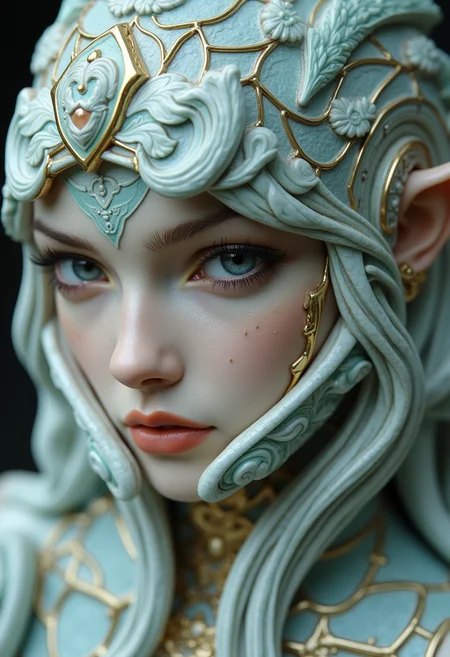 A masterpiece of elf idol girl style created by the collaboration of Hajime Sorayama and Francisco de Goya. The main objects are sliced at intervals along a diagonal, with each interval featuring a different material: the first material is jade, and the second is ceramic; the remaining materials are those that the main object would originally have. HD32K, hyperdetailed, best quality, aidmaMJ6.1.