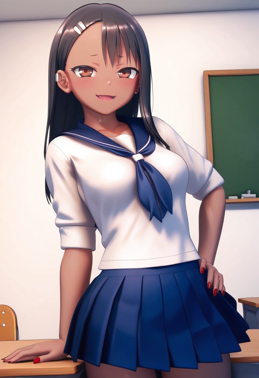 score_9, score_8_up, score_8, medium breasts, (curvy), cute, eyelashes,       BREAK, , BREAK, nagatoro hayase, long hair, bangs, black hair, hair ornament, brown eyes, hairclip, fang, dark skin, dark-skinned female, tan, skirt, shirt, school uniform, white shirt, pleated skirt, nail polish, blue skirt, red nails, earclip, <lora:NagatoroHayasePDXL_v1:0.8>,, <lora:CustomUdon_PDXL:1.0>, , BREAK,  smile, looking at viewer, cowboy shot,  embedding:zPDXL, Expressiveh, <lora:SDXLFaeTastic2400:0.5>,  <lora:Expressive_H-000001:0.4>,