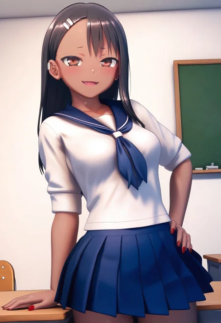 score_9, score_8_up, score_8, medium breasts, (curvy), cute, eyelashes, BREAK, , BREAK, nagatoro hayase, long hair, bangs, black hair, hair ornament, brown eyes, hairclip, fang, dark skin, dark-skinned female, tan, skirt, shirt, school uniform, white shirt, pleated skirt, nail polish, blue skirt, red nails, earclip, <lora:NagatoroHayasePDXL_v1:0.8>,, <lora:CustomUdon_PDXL:1.0>, , BREAK, smile, looking at viewer, cowboy shot, embedding:zPDXL, Expressiveh, <lora:SDXLFaeTastic2400:0.5>, <lora:Expressive_H-000001:0.4>,