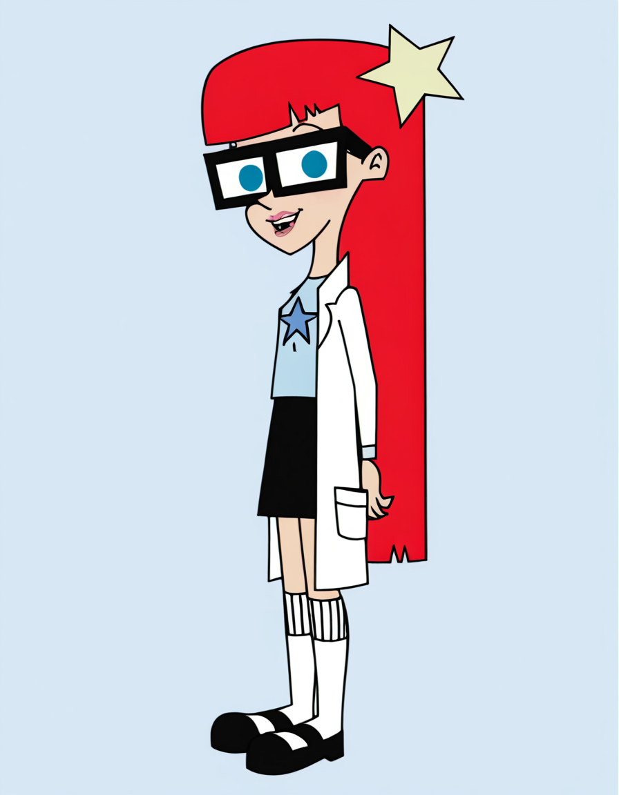 susantest, 1girl, red hair, glasses, solo, long hair, blue eyes, star hairclip, labcoat, blue t-shirt, lips, skirt , looking at viewer,socks,smile,  shoes,full body, looking at viewer, <lora:SusanTestIllustrious1.0JLFO-000017:1>