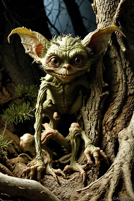 Capture the essence of a mischievous gremlin lurking in the shadows. The lighting should be dim, casting eerie highlights on its wrinkled skin and sharp, pointed ears. The gremlinâs eyes should gleam with curiosity and a touch of malevolence. Surround it with cluttered, ancient artifacts or gnarled tree roots to enhance the mystical atmosphere.