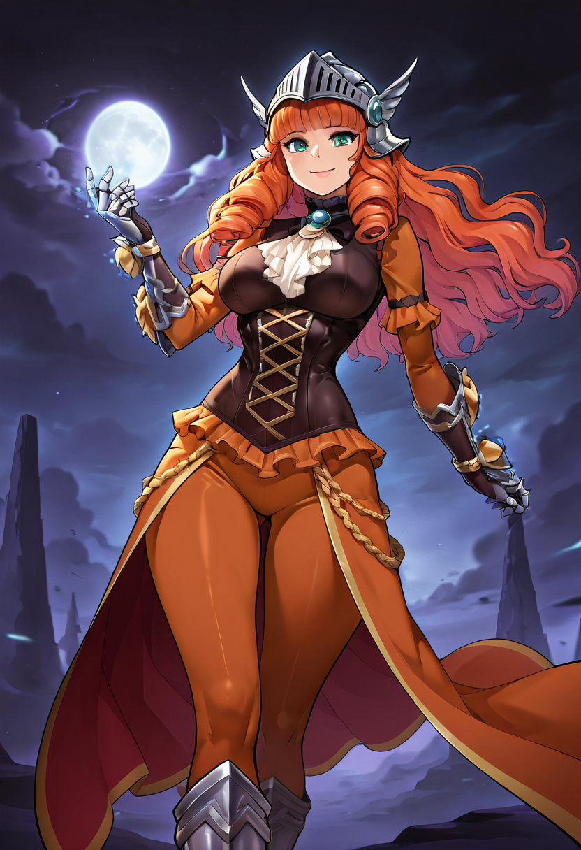 masterpiece, best quality, solo, curvy, beautiful eyes, narrow waist, wide hips, 1girl, solo, smile, looking at viewer, dynamic angle, foreshortening, close up,    zzGuinevere, green eyes, orange hair, blunt bangs, long hair, drill hair,   ,       <lora:GuinevereMLIXL:1.0>, [Jupiter Stormrider], bold orange and brown jumpsuit with swirling storm patterns, metallic belt adorned with storm cloud motifs, high-tech boots with lightning bolt details, large silver gauntlets, jet-black gloves, helmet with a transparent visor reflecting swirling clouds, standing on a rocky moon with massive storm clouds raging in the sky,