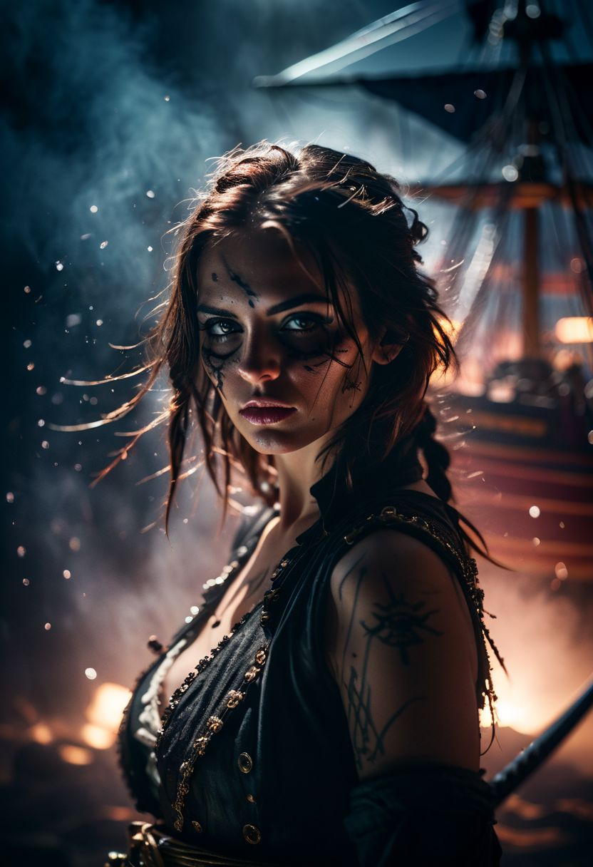 glamour portrait photo, macro, a captivating vibrant glow, mysterious female futuristic pirate, ,double katana crossed infront of face, surrounded by particles emitting light, pirate ship, , ethereal, smoky backdrop. throwing a translucent white/tanslucent dark/bright fade, pirate clothing revealing cleavage, 100mm f/2.8 macro lens, atmospheric haze, Film grain, cinematic film still, shallow depth of field, highly detailed, high budget, cinemascope, moody, epic, OverallDetail, gorgeous, 2000s vintage RAW photo, photorealistic, candid camera, color graded cinematic, eye catchlights, atmospheric lighting, imperfections, natural, shallow dof