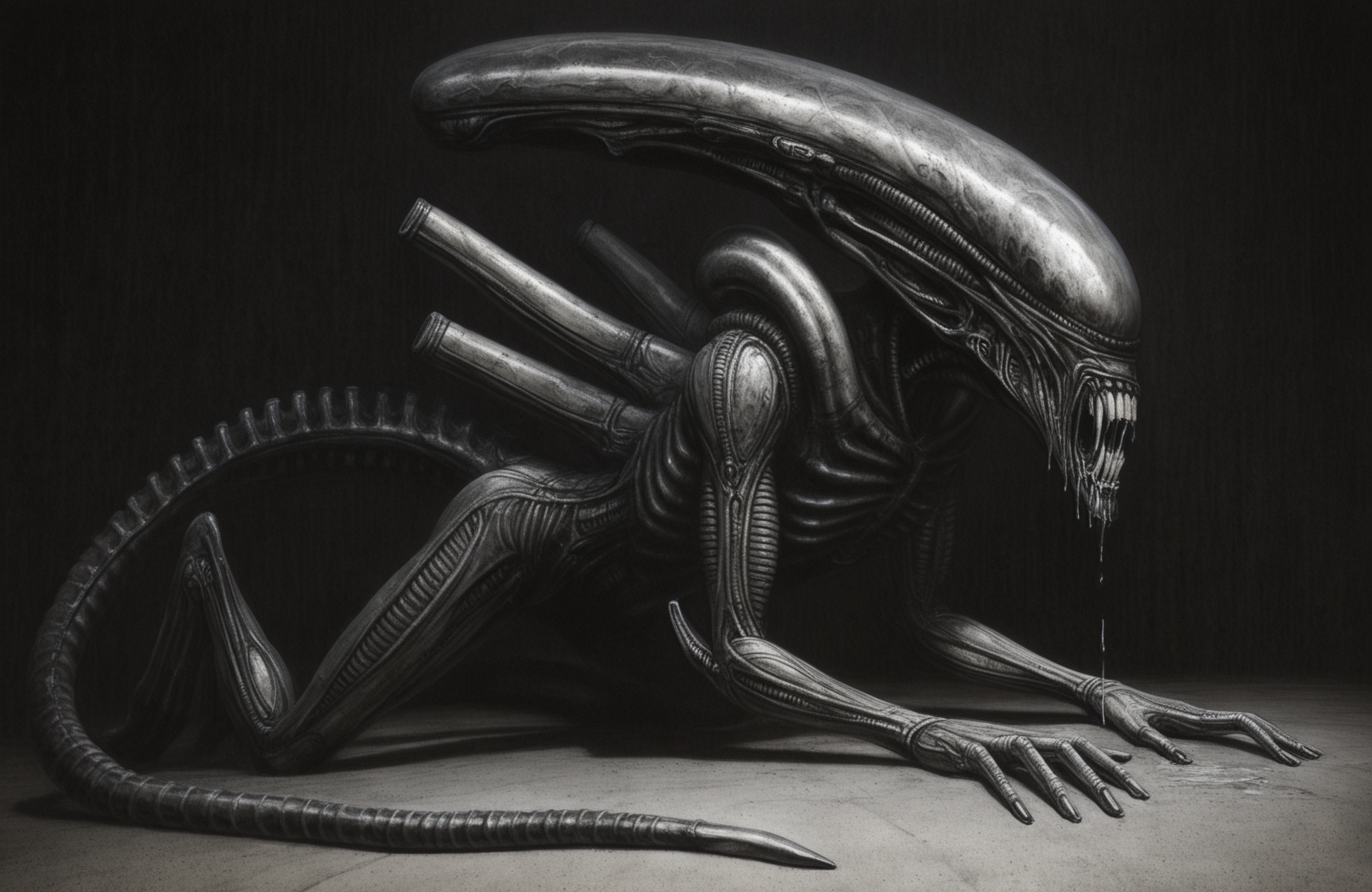 best quality, highres, absurd, (traditional media, 3d, inked:0.6), 1other, monster, tail, alien xenomorph, teeth, drool,  artist: h.r. giger , horror \(theme\), shadow, hdr, uncensored, liminal space,  <lora:HR Giger Illustrious 0.1-step00000630:0.7>
