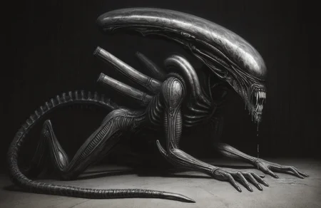 best quality, highres, absurd, (traditional media, 3d, inked:0.6), 1other, monster, tail, alien xenomorph, teeth, drool,  artist: h.r. giger , horror \(theme\), shadow, hdr, uncensored, liminal space,  <lora:HR Giger Illustrious 0.1-step00000630:0.7>