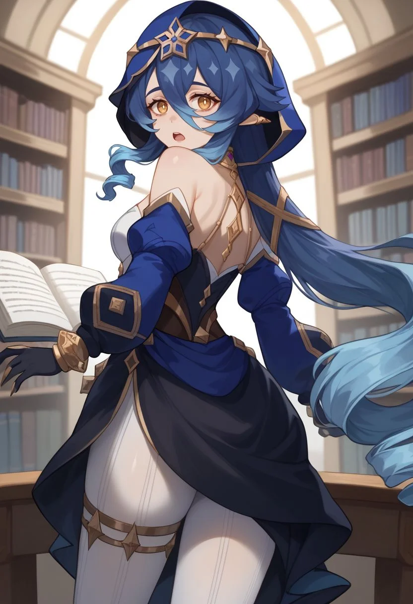 score_9, score_8_up, score_7_up, source_anime, 1girl, layladef, blue hair, yellow eyes, drill hair, hair between eyes, drill sidelocks, twin drills, pointy ears, blue hood, jewelry, neck ring, bare shoulders, detached sleeves, juliet sleeves, puffy long sleeves, claw ring, black gloves, white pantyhose, bags under eyes, thighlet, open mouth, standing, looking at viewer, indoors, library, from behind, back, looking back, <lora:Layla_v1-000010:1>
