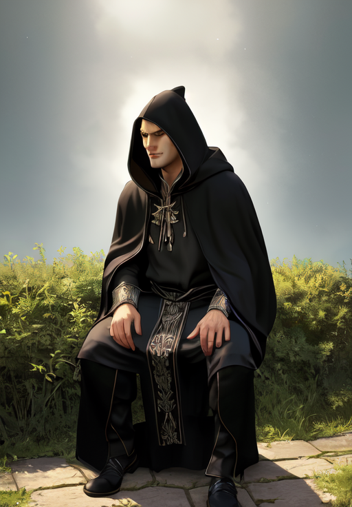 1man, sfw, <lora:Altmer-Male:0.8>, Altmer-Male, 1man, solo, sitting, black robe, hood up,, (masterpiece, best quality, absurdres, detailed, ultra-detailed:1.3), charming, (trending on CGSociety, trending on pixiv, contest winner:1.3)