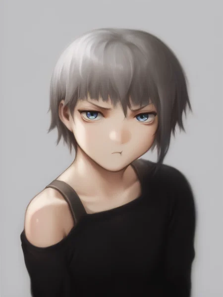 score_9, score_8_up, score_7_up, uncensored, BREAK, 1girl, <lora:yoshitoshi_ABe_Style_PDXLv0:1> abe yoshitoshi style, adult, grey hair, short hair, <lora:Pout_XLPD:1> pout, :t, closed mouth