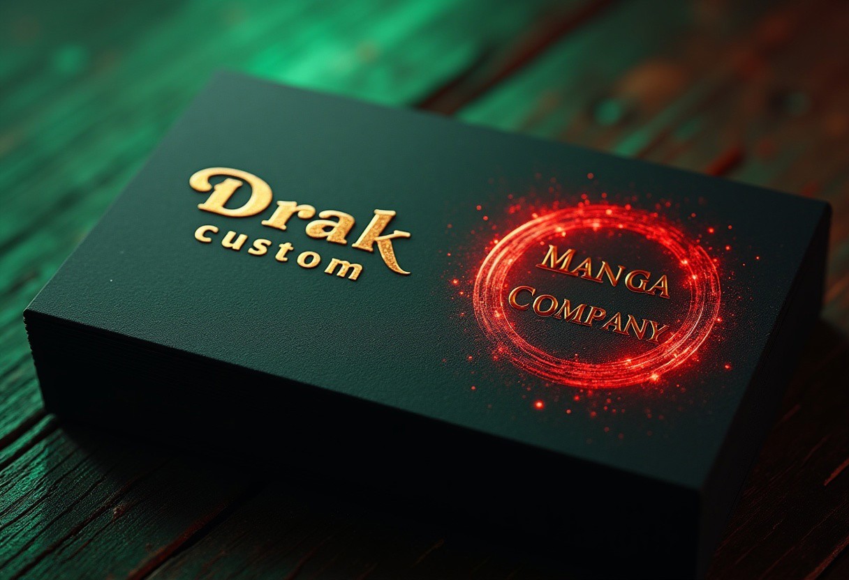 8k, ultra-detailed, masterpiece, best quality, a business card, black and green background, written in gold letter "Drak custom" 0n the left, right part red magic circle, written in the magic circle "Manga Company"