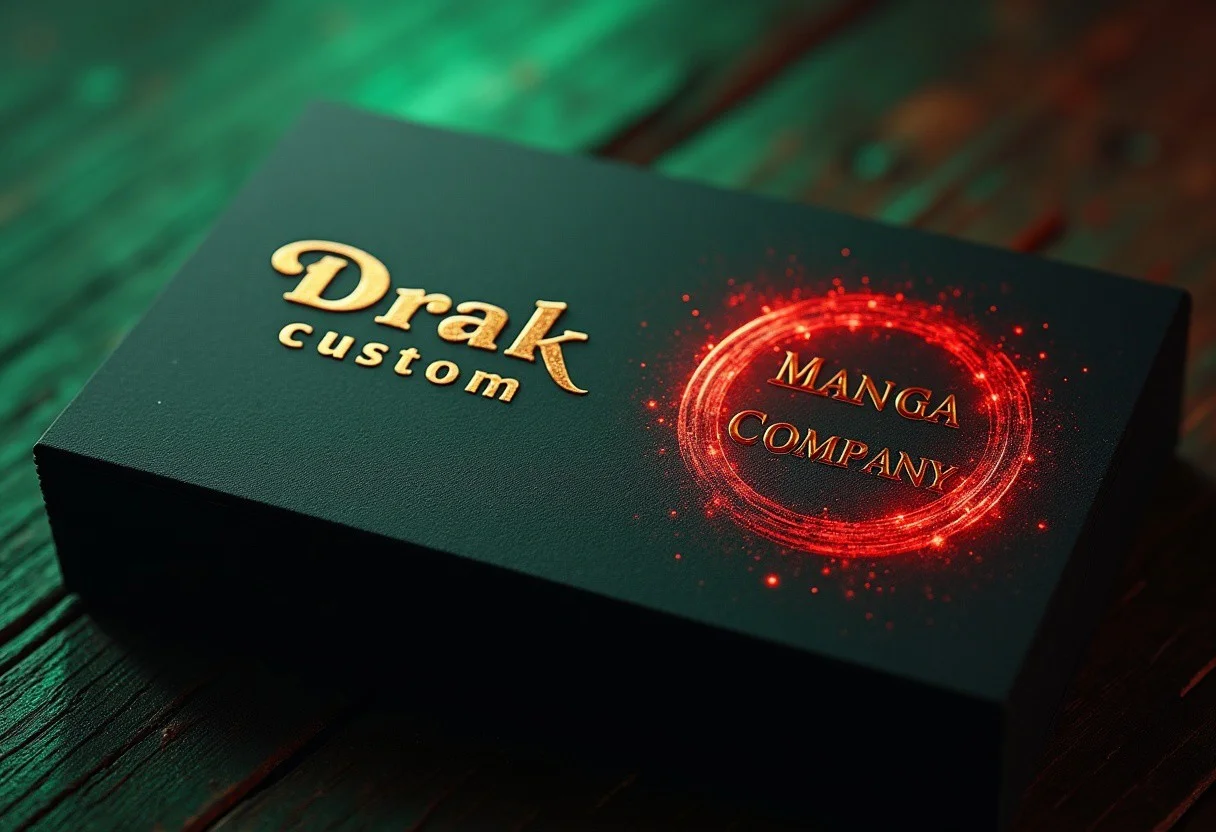 8k, ultra-detailed, masterpiece, best quality, a business card, black and green background, written in gold letter "Drak custom" 0n the left, right part red magic circle, written in the magic circle "Manga Company"