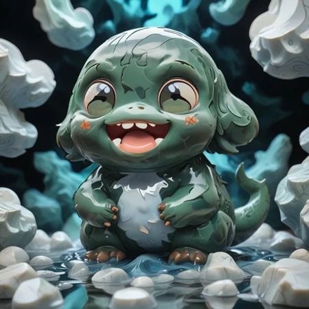 pokemon, chibistyle, made out of liquid marble, shinny, casting shadows and nice reflection, round body, opened eyes, crystal green pupils, glass like pupils, open mouth smile