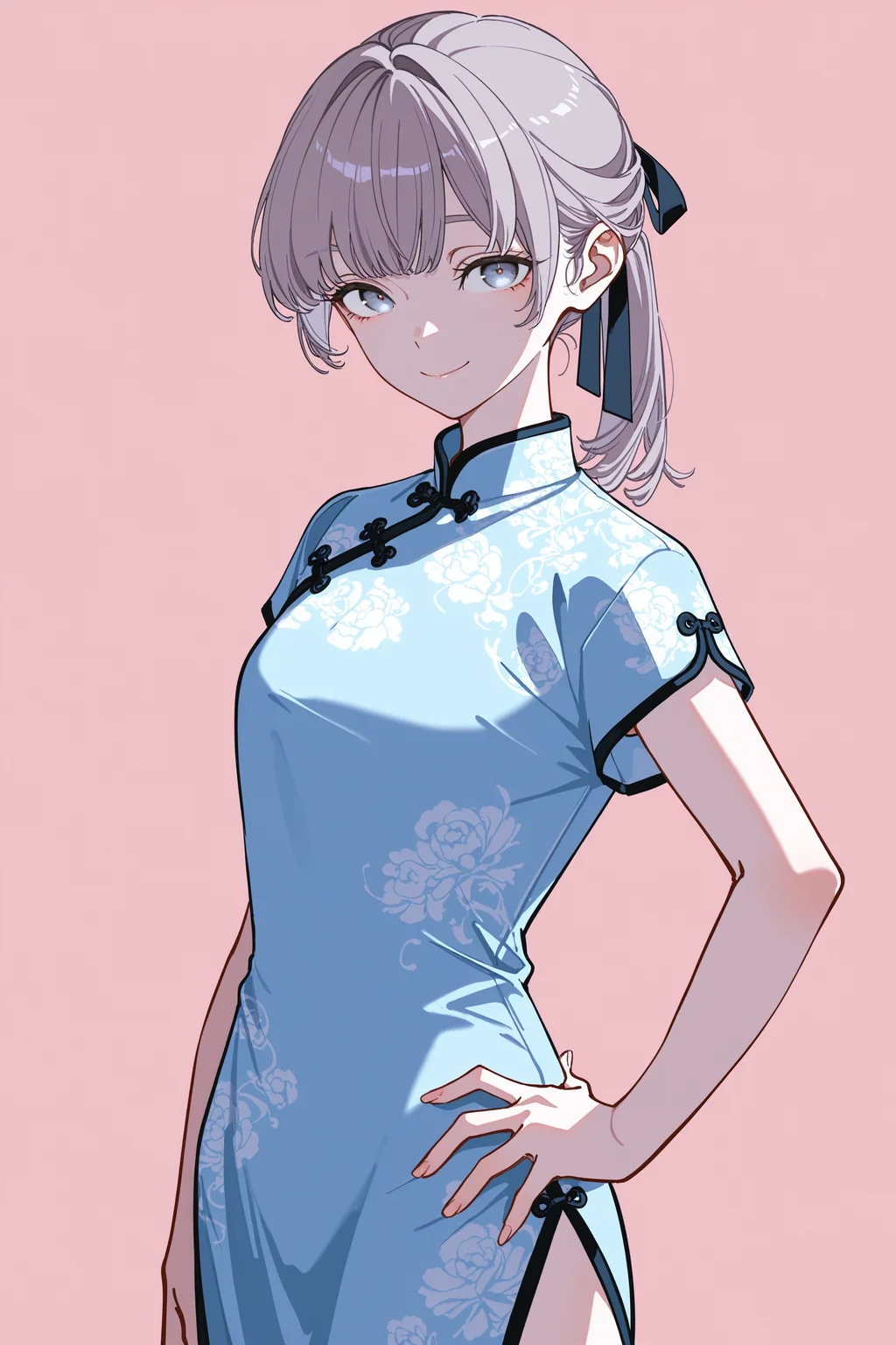 masterpiece, best quality, absurdres, safe
1girl, lapwing, grey hair, grey eyes, ponytail, hair ribbon,
china dress, hand on hip, simple background,
looking at viewer, smile, closed mouth,
yoneyama mai,
johnkafka,
<lora:lapwing_il_2_d16:1>