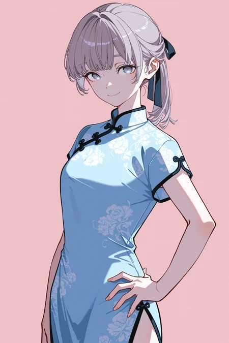 masterpiece, best quality, absurdres, safe
1girl, lapwing, grey hair, grey eyes, ponytail, hair ribbon,
china dress, hand on hip, simple background,
looking at viewer, smile, closed mouth,
yoneyama mai, 
johnkafka,
<lora:lapwing_il_2_d16:1>