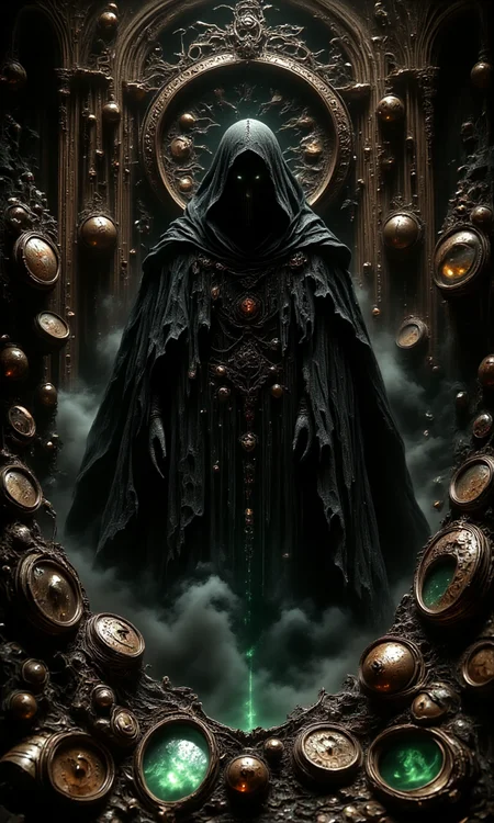 The figure of Death is dressed in a black traditional uniform hooded cloak and holds a large staff. She sits on a large clock similar to the dial of an antique wall clock, which shows 12 o'clock. There are many other clocks around. The figure of Death is depicted in a dark and sinister way, creating an atmosphere of mystery and the inevitability of time. The clock is suspended vertically, and the pendulum swings downward, creating a sense of movement and the passage of time. The overall style of the image is simplicity and contrast, using an emerald-ochre palette to emphasize the drama of the scene.<lora:flux1-D\flux.1_lora_flyway_Epic-Characters_v1.safetensors:0.85:0.85> <lora:flux1-D\FantasyWizardWitchesFlux:1.0> <lora:flux1-D\FluxGhost-000001:1.0> <lora:flux1-D\Monochrome_Monsters_Flux.safetensors:0.8:1.0> <lora:flux1-D\detailed_v2_flux_ntc.safetensors:0.7000000000000001:1.0>