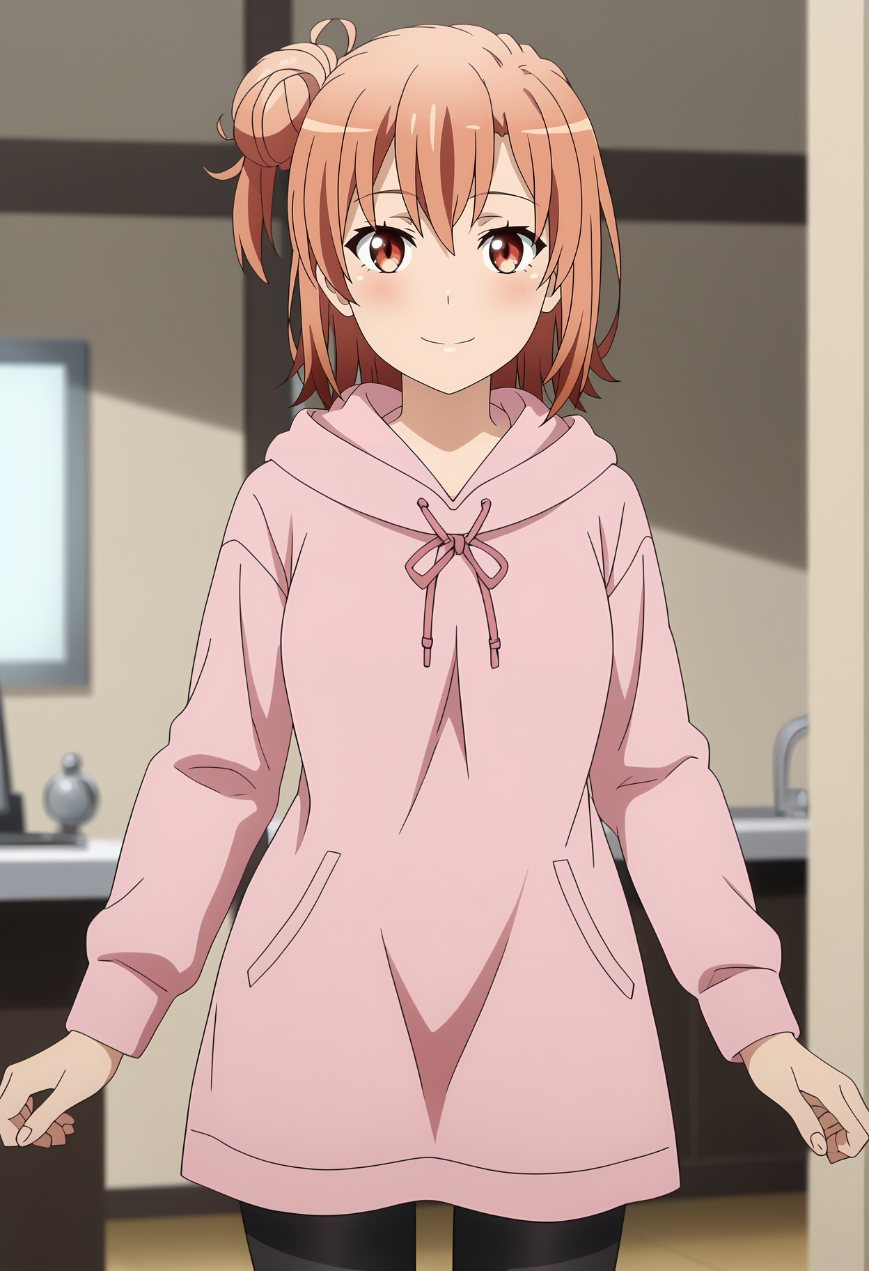 anime screencap,
<lora:YahariOreNoSeishunLoveComedy_YuigahamaYuiXL:0.9>,
1girl, solo, closed mouth, light smile, blush,
medium hair, orange hair, single side bun, multicolored eyes, hair between eyes,
YuiCasual, pink hoodie, black pantyhose,
thigh gap, cowboy shot, standing, looking at viewer,
indoors, blurry background