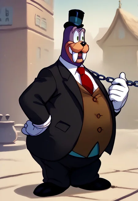 <lora:Honestjohngusherpony1.0:0.5>, walrus dressed as honest john gusher, as a walrus, fat, overweight, walrus tusks, squinting eyes, smile, solo, 1boy, male focus, <lora:pony_monocles-step00000800:1>,((monocle)),round eyewear, top hat, fancy suit, black suit, fancy gloves, furry male, ((mustache)), necktie, looks very wealthy, a robber-baron wearing a monocle on a chain on his left eye, top hat, white shirt, black vest from 1900 holding a pocketwatch, standing, score_9, score_8_up, score_7_up, score_6_up, score_5_up, score_4_up, looking at other, hand on own hip, cowboy shot, 1930's toon city,
