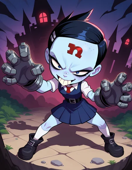 masterpiece, best quality, amazing quality, masterpiece, newest, absurdres, safe, , very aesthetic, absurdres, outside, evil castle,night, dramatic shadows, 1girl, solo, 1girl only, nina cortex, blue skin, black hair, short hair, dark blue eyes, hairclip, white collared shirt, dark blue sweater vest, red tie, short sleeves, belt, dark blue pleated skirt, white socks, kneehighs, black ankle boots, metal gloves, buck teeth, red n on forehead, freckles, black eyeliner, smile, excited eyes, dynamic pose, dynamic angle, dramatic angle, v-shaped eyebrows, standing, legs apart, hands apart, scary pose, no eyebrows, , <lora:885e3ca3-13e4-4ff5-bb0b-d38a99325c85:1.0>