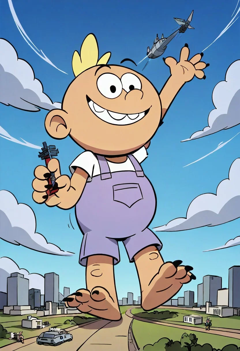 (score_9 | score_8_up | score_7_up) ((masterpiece:1))(best quality,very high quality,ultra detailed:1.2) (2D,cartoon style,anime style)(Smooth:2)(clean blurring) (four fingers on each hand,one thumb on each hand:1), Leon Loud, solo, 1boy, light Blonde hair, two strands of light Blonde hair, teeth, white shirt, lavender overalls, dinosaur monster, Smug, evil smile, evil grin, dark yellow skin, white eyes, male focus, claws, solo, macro, growth, destruction, giantess, wide eyes,giantess,inflation, explosions around feet, dust near paws,(shrunken city :1.4), (shrunken cityscape:1.3), micro cityscape, solo, full body