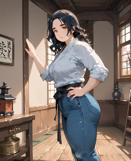 IllusP0s, PonyScores7, source_anime, ah1, IllustriousQual, interesting, exciting, spectacular, wonderful, <lora:natsumi_style:0.5>, <lora:by_usakun-pony:0.4>, by usakun, <lora:Akina_Bbw_Style_-_PonyXL:0.2>, AkinBw,
BREAK (Eye-level angle, (from side), far from viewer),
BREAK 1girl, mature female, (round face:1.2), (thick eyebrows:1.3), (curvy), round-chin, caucasian, (plump face), <lora:Round_face:0.2>, <lora:ETO_OC_Illustrius:0.5>, eto_oc, skindentation, (plump), thick thighs, wide hips, busty, voluptuous, lips, <lora:venus body PonyXL:0.3>, <lora:shinyskin2:0.2>, glistening skin,
BREAK  (curly hair), long hair, (black hair:1.4), (parted hair:1.7), messy hair, kinky curls, <lora:hairdetailpxl:0.2>, hairdetailpxl,
BREAK (half green and brown eyes), (colorful eyes), (multicolored eyes), (downturned eyes:1.4), <lora:expressive eyes:0.2>, expressive eyes, <lora:eyedetailpxl:0.2>, eyedetailpxl, <lora:Eyes_High_Definition:0.2>, EyesHD,
BREAK ((kubrick stare)), <lora:Expressive_H:0.2>, Expressiveh, <lora:Emotional_Anime_Expressions_PonyXL_Concept:0.2>, emotional, <lora:Best_Facial_Expression_LoRA_PONY:0.2>, looking at viewer, <lora:Detailed expressive EXEV style -XL Pony V1.0:0.2>, FaceDetail,
BREAK ((a dancer steps sideways with flair, one hand on their hip and the other arm outstretched)),
BREAK (astronaut blue electric yellow long-sleeve top with high-waisted jeans and combat boots),
BREAK (((Training Dojo, room with a polished wooden floor, training mats rolled neatly in a corner, wooden practice swords hanging on a wall rack, calligraphy scroll displaying martial arts principles, small shrine for reverence))),
BREAK <lora:xl_more_art-full_v1:0.2>, <lora:aesthetic_anime_v1s:0.2>, <lora:EpicF4nta5yXL:0.2>, <lora:detailxl:0.2>, detailxl, <lora:Fant5yP0ny:0.2>, best quality, amazing quality, best aesthetic, absurdres, illustration, Volumetric_Lighting, ultra-detailed, very aesthetic, intricate details, 8k, masterpiece, best_quality
BREAK Stable_Yogis_PDXL_Positives, AS-Adult, <lora:Complicated fantasy portrait - XL Pony V2.0:0.2>, bad-hands-5, <lora:HDA_Detailer:0.3>, HDA_FatGirlXL,