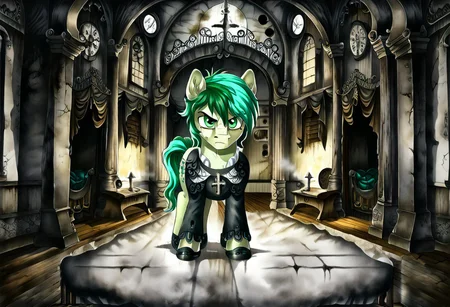 Sandbar as a paranormal investigator, score_9, score_9, score_8, score_up_9, score_up_9, solo, detailed, handsome, rating_semi_grimdark, (male earth pony), (pale light grayish spring bud fur), (light cyan and moderate opal hair), (light sea green eyes), (full-body black clothes, cross necklace, saddlebags, and quiet shoes), sandbar, holding a flashlight on the mouth, abandoned house setting, night, Victorian Architecture, indoors, guest room, broken furnitures, wooden floor, broken floors and walls, grandfather clock, gloomy, eerie, fog, scared, determined face, calm pose, bloodstain, horror_(theme), full-body shot, front view, watercolor painting, natural lightings, digital painting, g4, CR33P1NGF0G,<lora:add_details>, <lora:add_scenery>