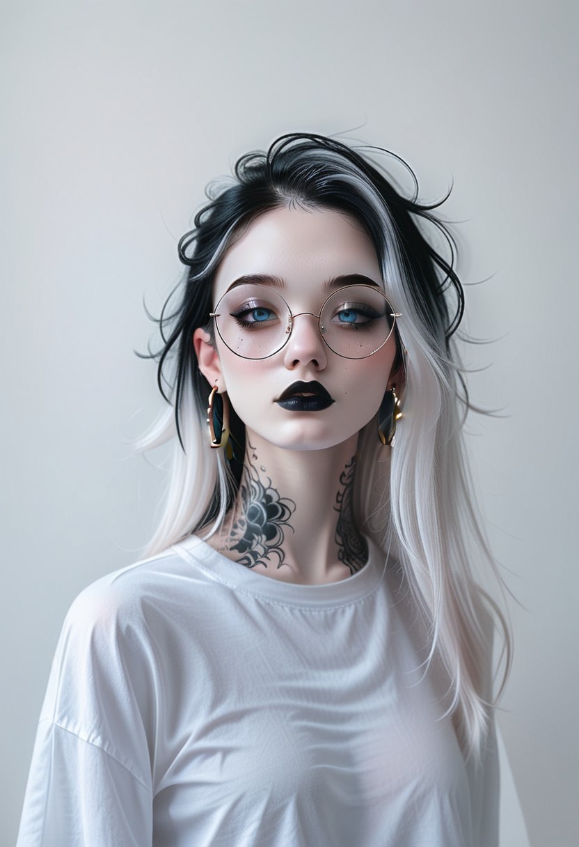 <'ctdrm':(
('dreamy'+'cinematic'+'soft lighting'+'realistic'+'ethereal mood'),
('portrait'+'closeup'+'solo'+'detailed'),
('simple white background'))>,
BREAK
<'1girl':(
('goth girl'+'pale skin'+'multicolor hair'+'long hair'+'black lipstick'+'blue eyes'+'light blush'),
('hoop earrings'+'detailed round glasses'),
('white tshirt'+'tattoos'+'black makeup'))>