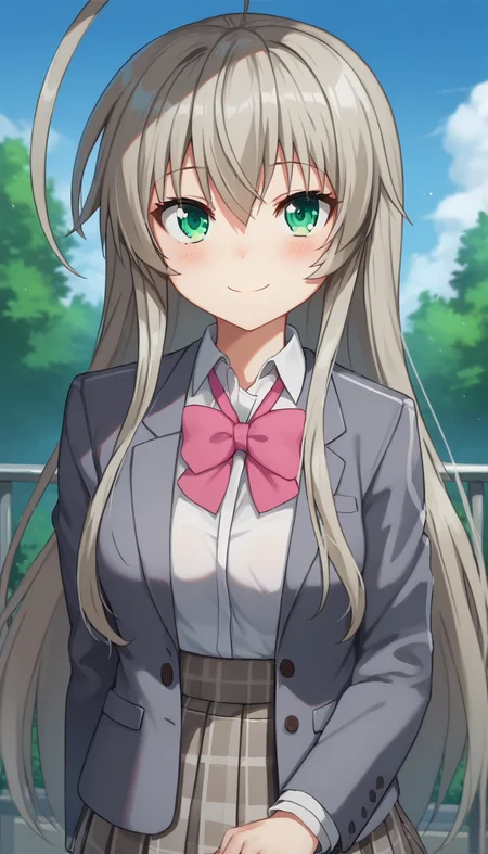 score_9,score_8_up,masterpiece,best quality,correct anatomy,anime_source,1girl,solo,perfect eyes,perfect arms,perfect legs,perfect face,outdoors,upper body,(portrait:1.5),looking at viewer,facing viewer,smile,blush,Nyaruko,huge ahoge,very long hair,grey hair,sidelocks,hair between eyes,bangs,green eyes,school uniform,grey jacket,Blazer,pink bowtie,white shirt,collared shirt,long sleeves,medium breasts,grey skirt,miniskirt,pleated skirt,plaid skirt,thighs,zettai ryouiki,white thighhighs,loafers,brown footwear,<lora:Nyaruko(hns)-Pony:1.6>,